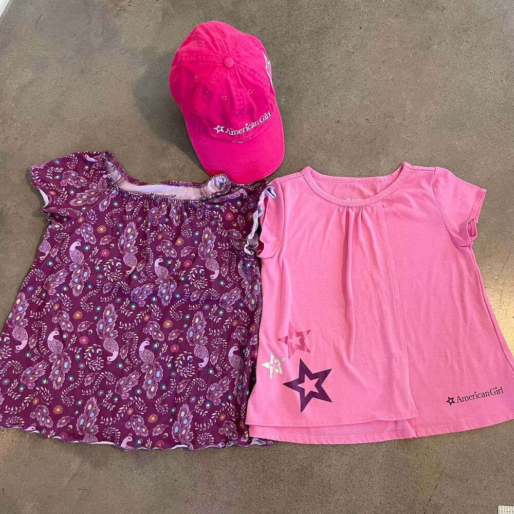 American Girl Pink Purple Tee tops with cap hat bundle girls size 7